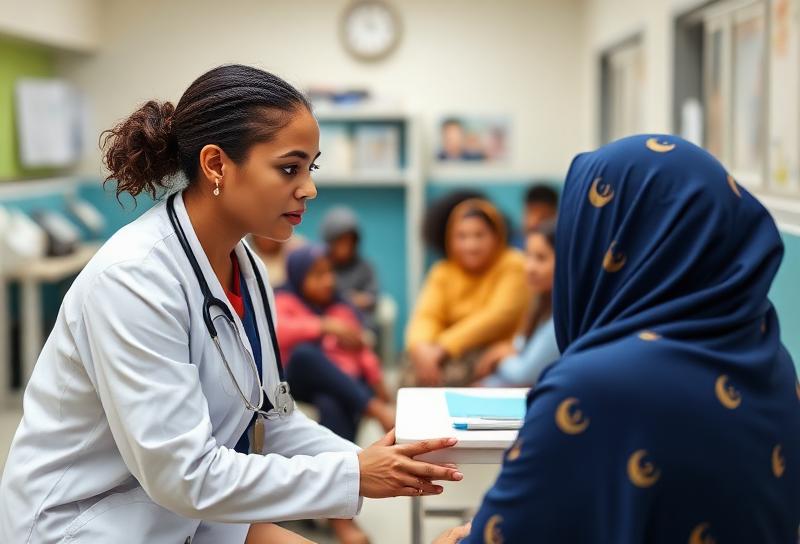Healthcare worker with patient at community health clinic